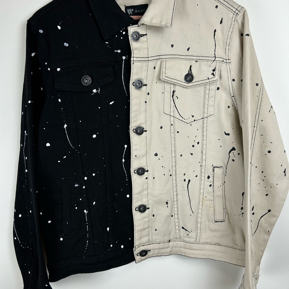 Weimar Men’s Color Block Black and Cream Splatter Jacket sz S Grunge Streetwear